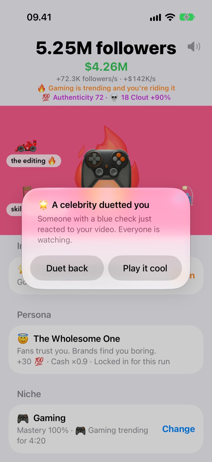 An event: A celebrity duetted you, with Duet back and Play it cool choices