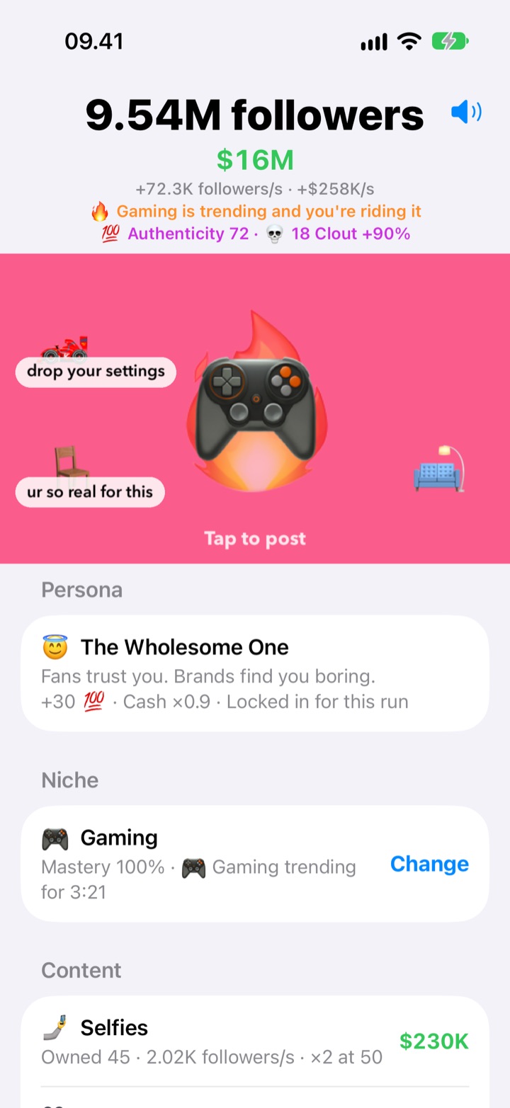 The main screen: 9.54 million followers, a trending gaming niche and fan comments floating around a controller