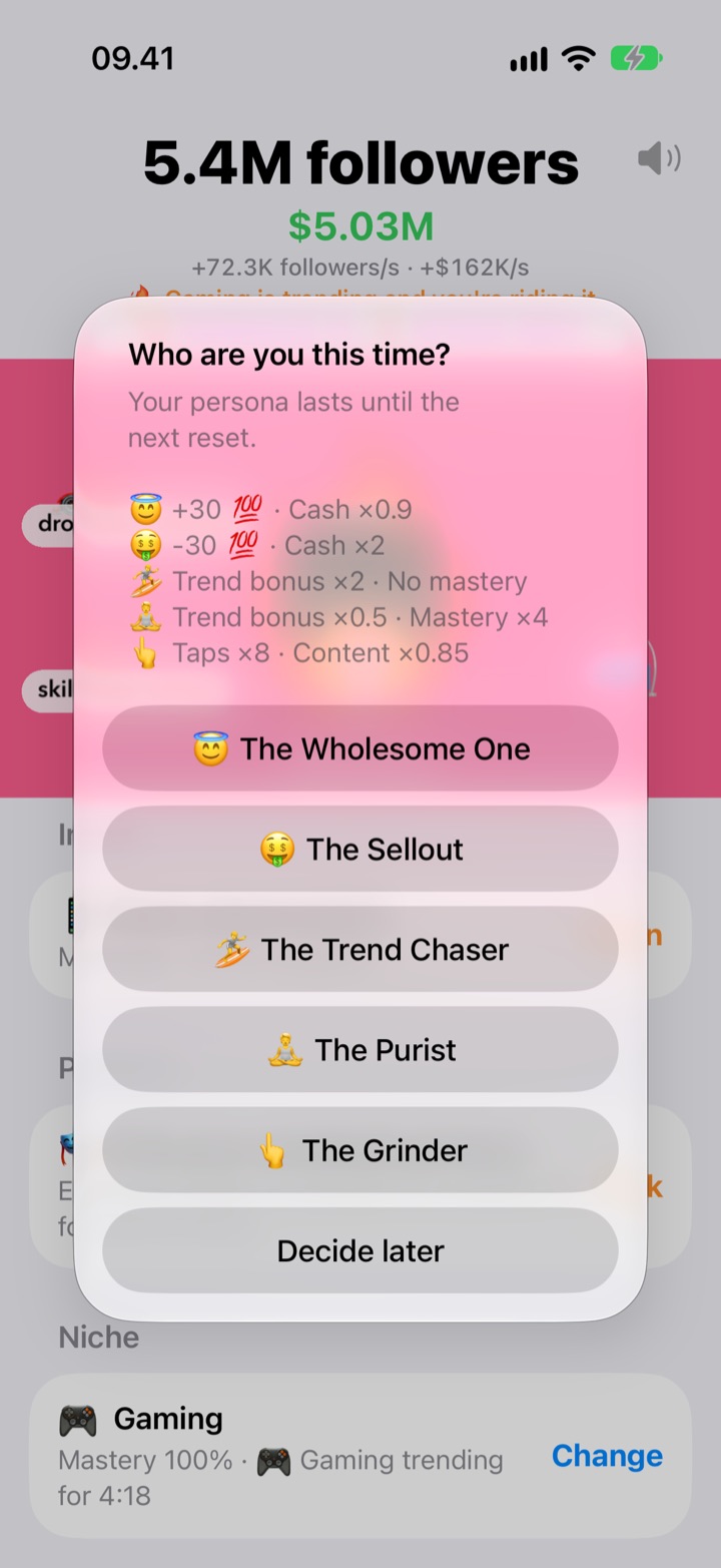 The persona picker listing The Wholesome One, The Sellout, The Trend Chaser, The Purist and The Grinder
